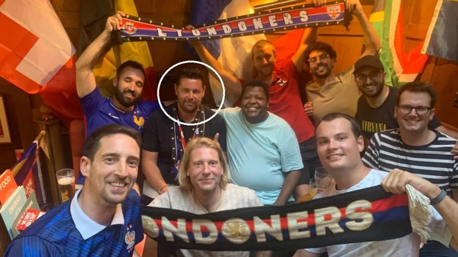 Crystal Palace coach Pierre Sage watches France vs Spain with Lyon fans in London